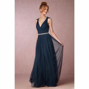 Elegant Navy V-Neck Chiffon Evening Dress